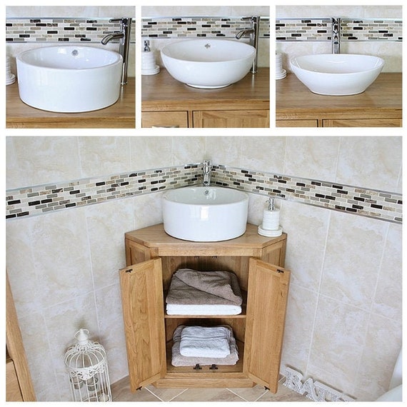 Bathroom Oak Vanity Unit Corner Oak Sink Cabinet Ceramic Wash