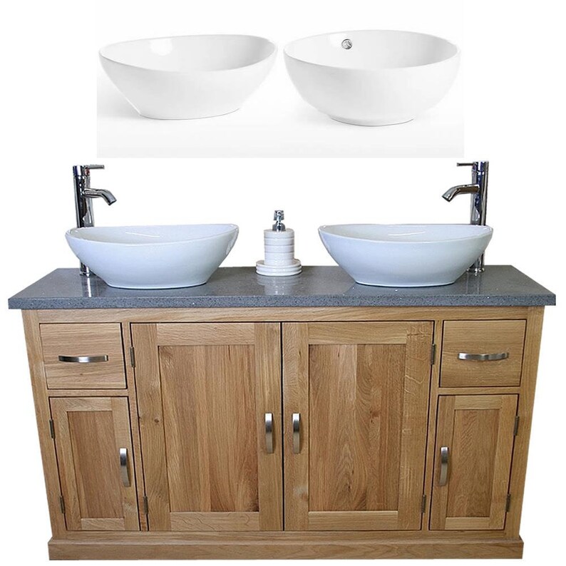 Solid Oak Bathroom Vanity Unit Cabinet Ceramic Basin Tap Set Image 0