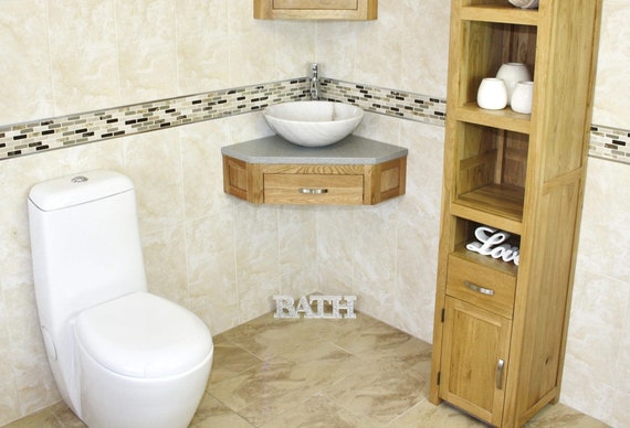 Bathroom Vanity Unit Oak Corner Wash Stand Grey Quartz Stone