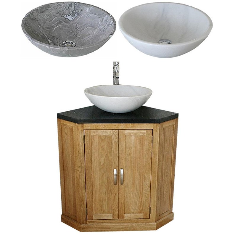 Bathroom Vanity Unit Free Standing Oak Corner Cabinet Black Quartz ...