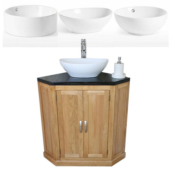 Bathroom Vanity Unit Oak Corner Wash Stand Black Quartz Ceramic
