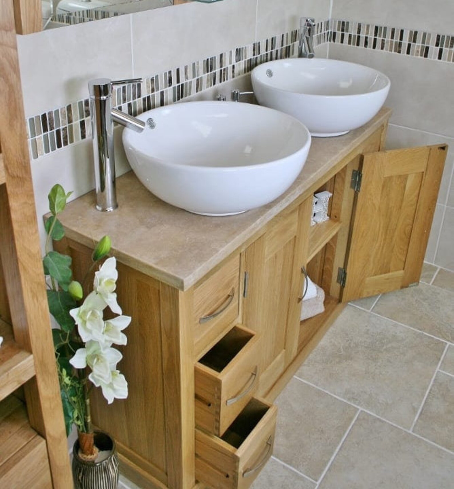 Bathroom Vanity Unit Solid Oak Travertine Top and Ceramic Etsy UK