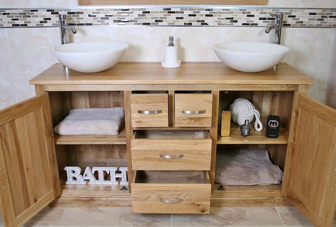 Solid Oak Bathroom Vanity Unit Cabinet Marble Travertine Bowl | Etsy