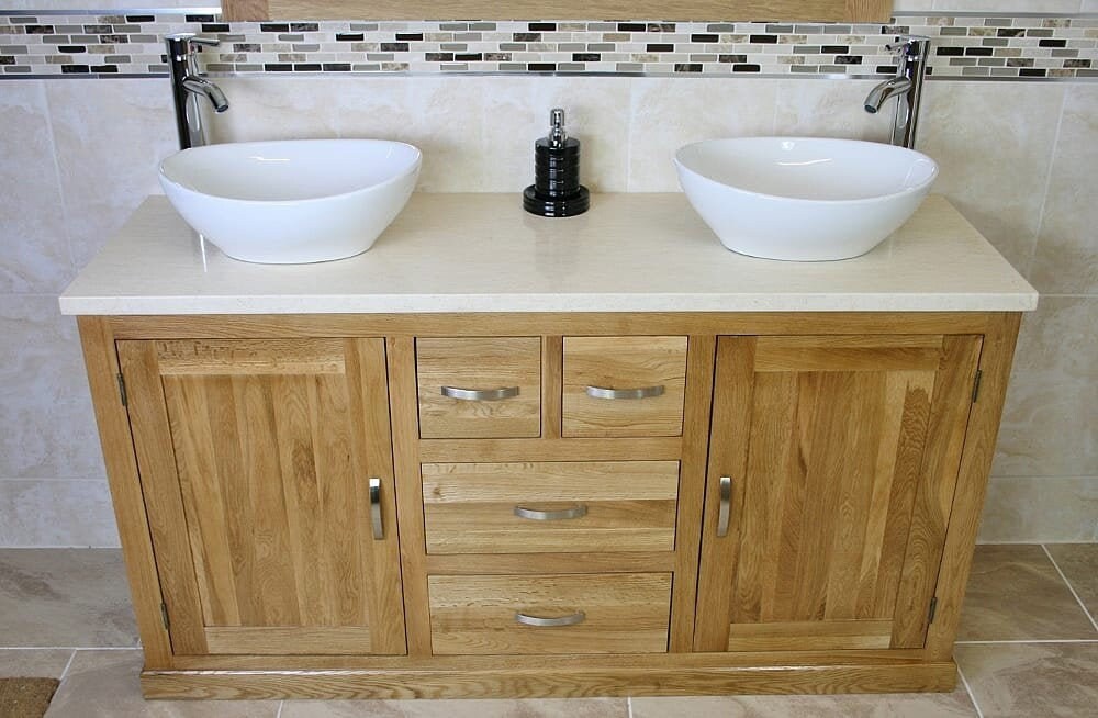 Solid Oak Bathroom Double Vanity Unit Cream Marble Etsy UK