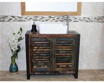 Reclaimed Wood Bathroom Vanity Unit 2 Door with White Ceramic Basin Choice IRF02DCBC