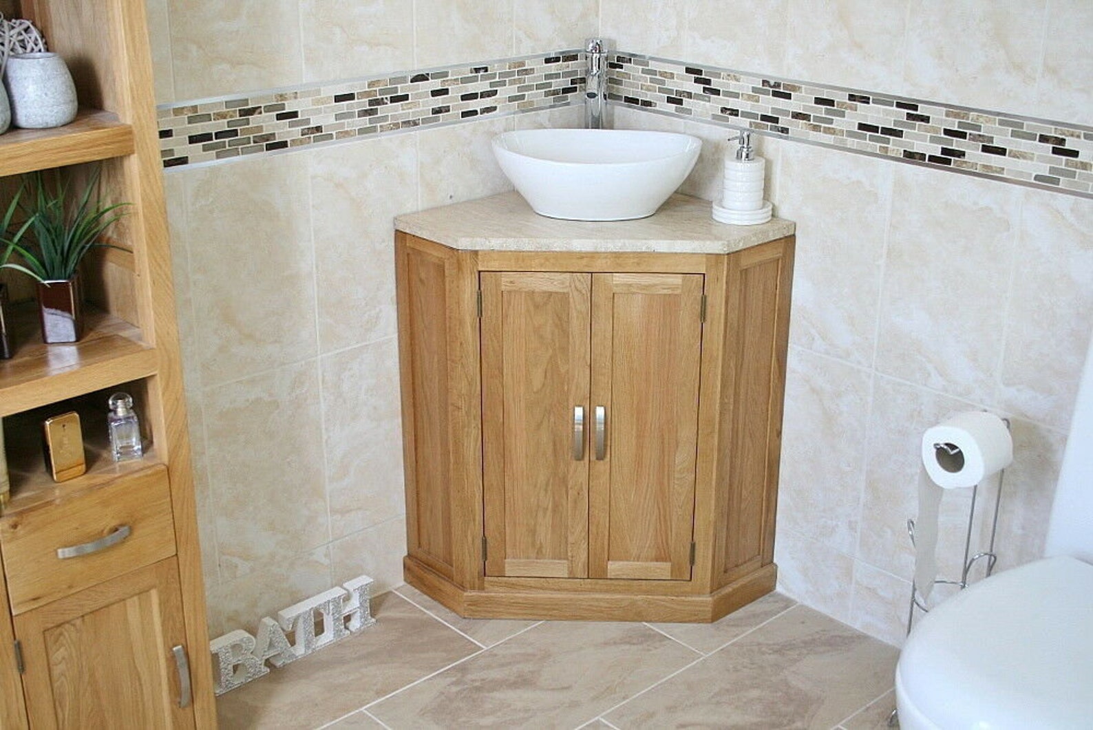 Bathroom Vanity Unit Oak Corner Wash Stand Travertine Top & Ceramic ...