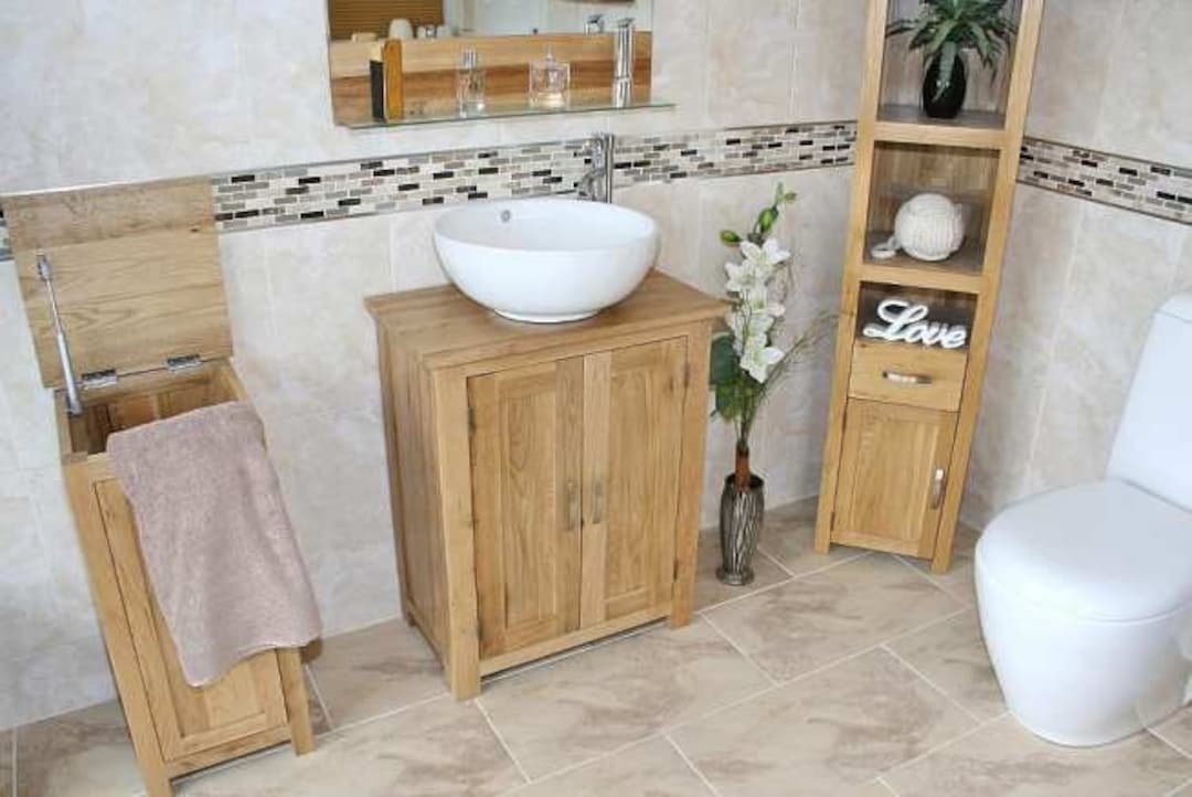 Solid Oak Bathroom Vanity Unit | Slim Line Compact Sink Cabinet ...