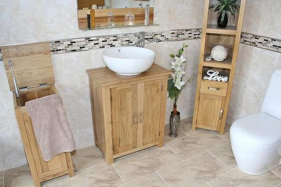 Bathroom Vanity Corner Unit | Oak Sink Cabinet | Ceramic Basin Tap & Plug  Option