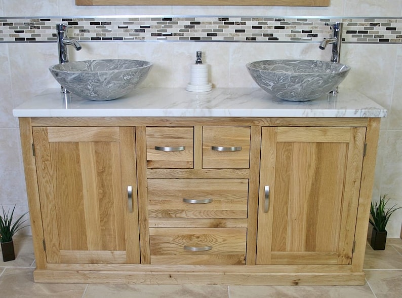Bathroom Vanity Unit Solid Oak With White Marble Top Stone Bowl 603wmsbc