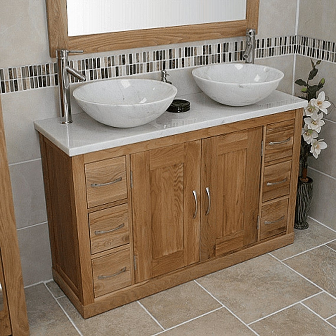 Oak Bathroom Vanity Cabinet Double Twin Sink Bowl Basin & - Etsy UK