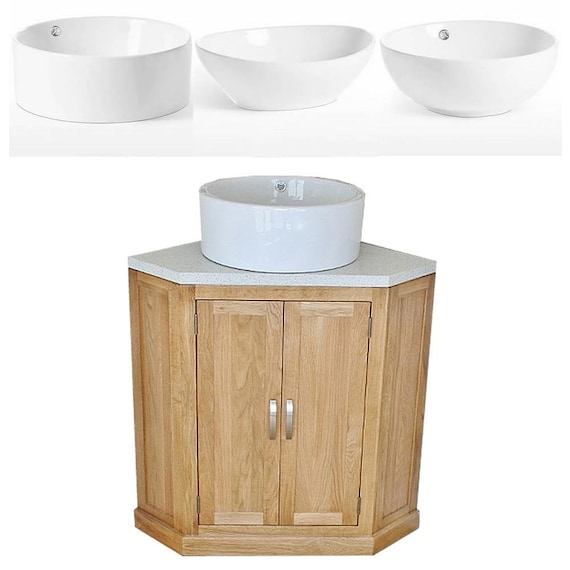 Bathroom Vanity Corner Unit, Oak Sink Cabinet, Ceramic Basin Tap & Plug  Option