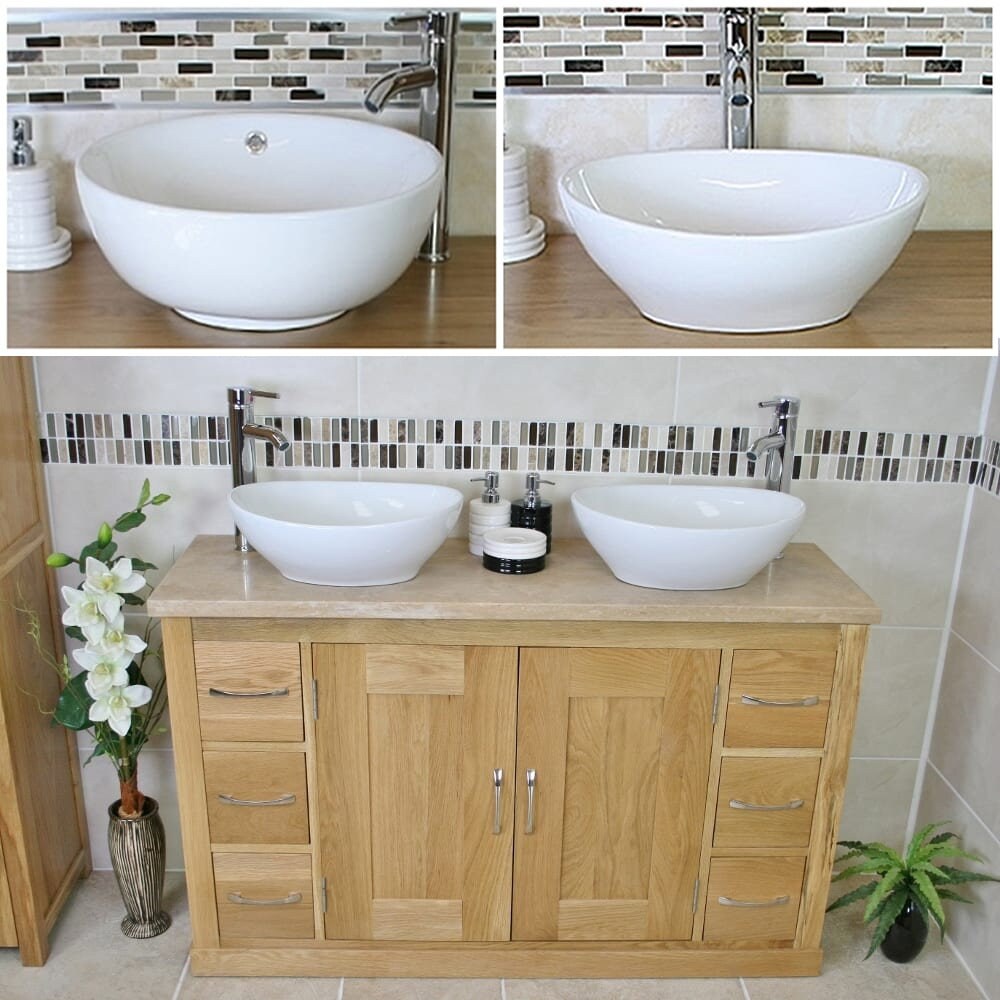 Bathroom Vanity Unit Solid Oak Travertine Top and Ceramic | Etsy UK