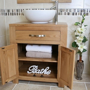 Bathroom Oak Vanity Unit | Single Oak Sink Cabinet | Ceramic Wash Basin Tap & Plug
