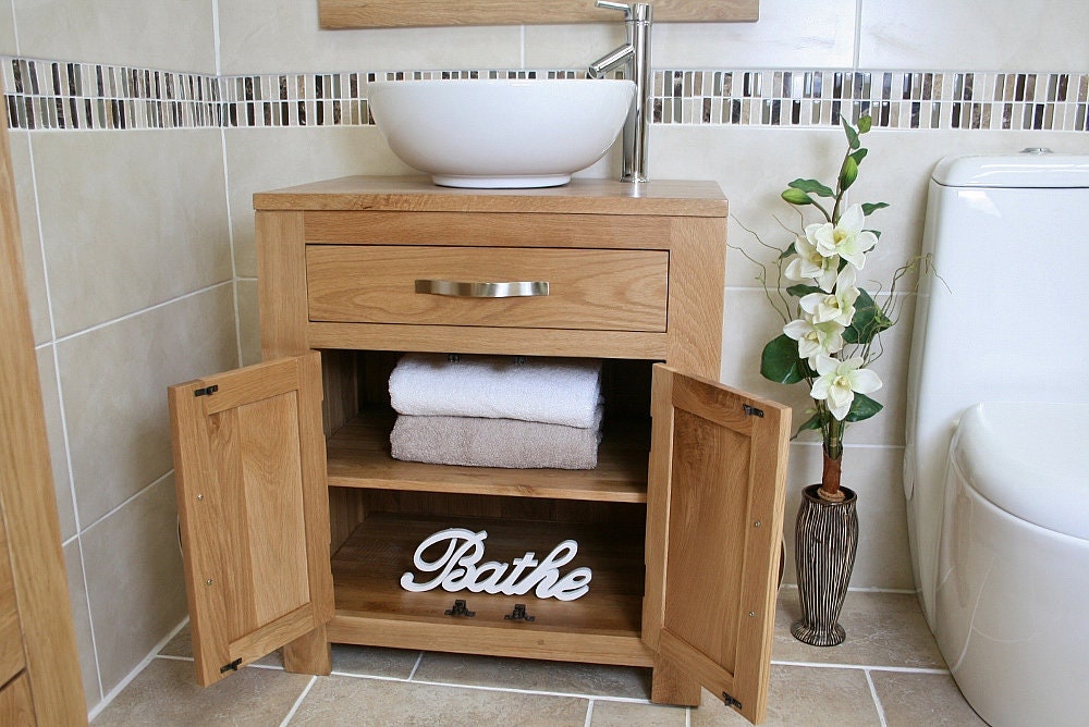 Bathroom Oak Vanity Unit Single Oak Sink Cabinet Ceramic Etsy