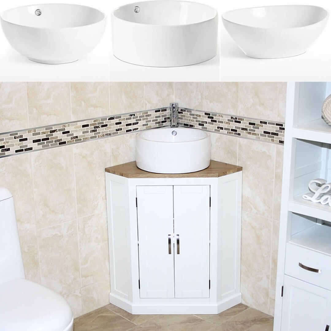 White Bathroom Oak Top Vanity Unit Corner Sink Ceramic Wash Basin Tap & Plug 501BPCBC Etsy