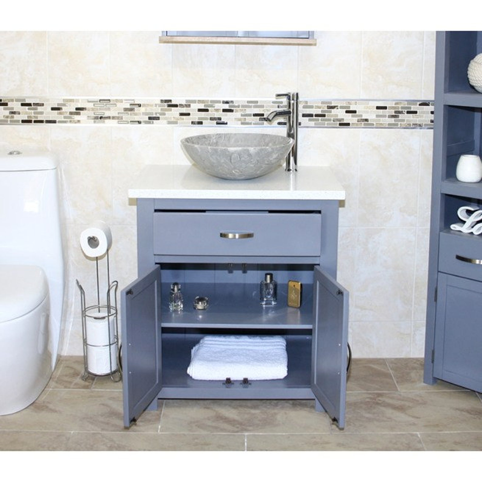 Bathroom Vanity Grey Painted Wash Stand White Quartz Marble - Etsy UK