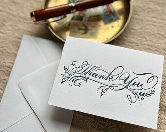 Holiday Thank you Card - Hand Calligraphy Letterpress Greeting Card - Optional Internal Tip Envelope