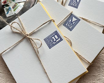 Letterpress Printed Personalized Social Stationery made with Antique Initial Block - Set of 8