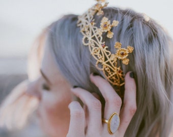 Gold Jeweled Crown, Divinity Crown, Divine Feminine Jewelry, Crystal Crown, Boho Hair Piece, Gold Crown, Gold Hair Piece, Wedding Crown