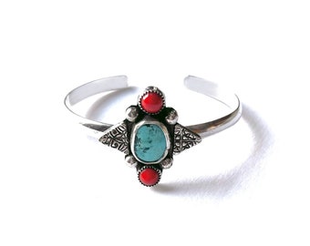 Sterling Silver Turquoise Bamboo Coral Bracelet Cuff, Metal Clay Silver Jewelry, Gemstone Jewelry, Handmade Artisan Jewelry, Unique Jewelry