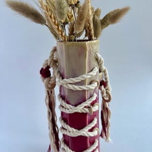 Hand Built Pottery Corset Vase, High-Fire Ceramic, Magenta-Ochre Glaze