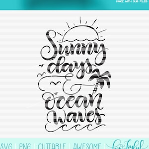 May include: White t-shirt with the words "Sunny days Ocean waves" in a black script font, featuring a sun, palm tree, and waves design. The shirt is hanging on a wooden hanger against a teal background.