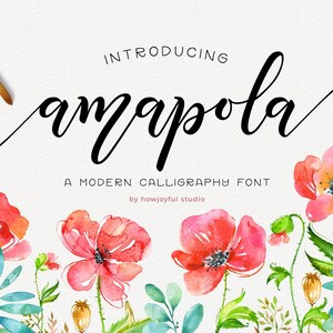 May include: A watercolor design featuring the word "amapola" in elegant calligraphy, with the text "Introducing" above and "A Modern Calligraphy Font" below. The design includes red poppies and green foliage.