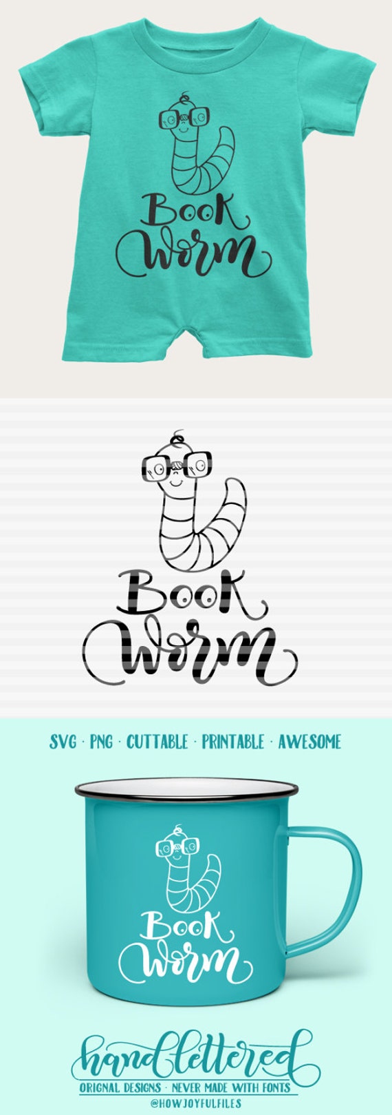 Book worm - SVG - DXF - PDF files -  hand drawn lettered cut file - graphic overlay