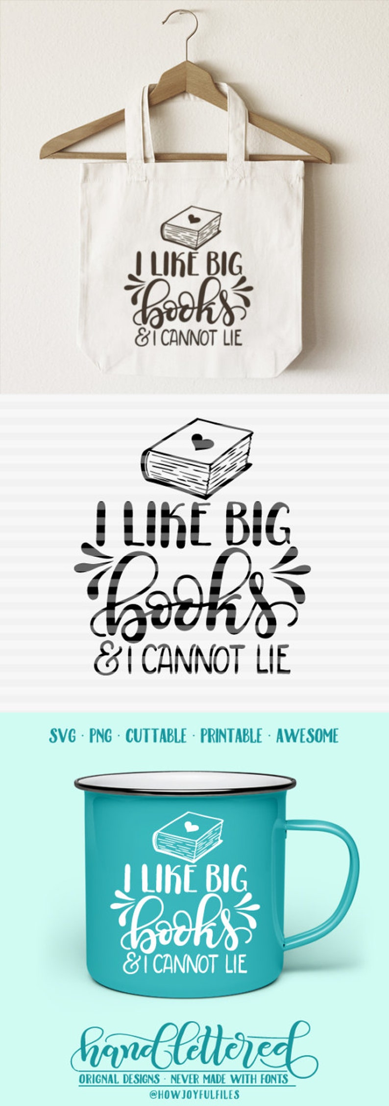 Puede incluir: Una bolsa de tela blanca, una taza azul y un dise&ntilde;o gr&aacute;fico en blanco y negro con el texto "Me gustan los libros grandes y no puedo mentir".