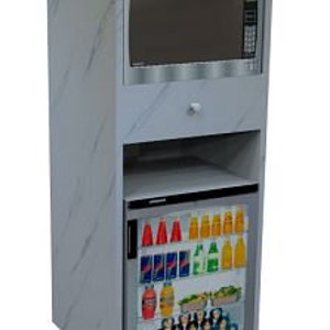 May include: A white and gray marble-patterned cabinet with a microwave on top, a small refrigerator below, and an open shelf in between. The refrigerator door displays various beverages.
