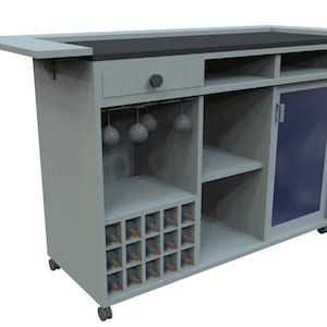 May include: A gray home bar with a black countertop and a pull-out drawer. It features a wine glass rack, wine bottle storage, a cabinet with a blue-tinted glass door, and rolling wheels for mobility. The bar has a side extension.