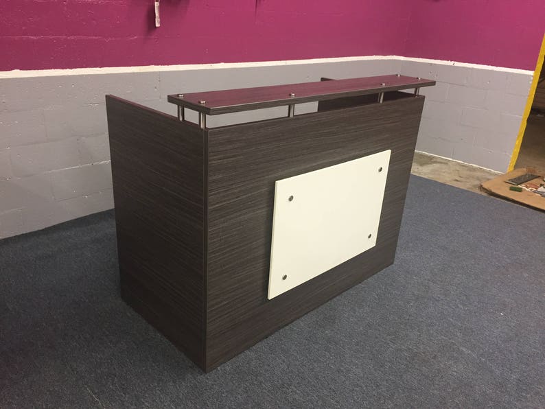 Modern Reception Desk In Elm Gray And White That Fits A 15 Monitor