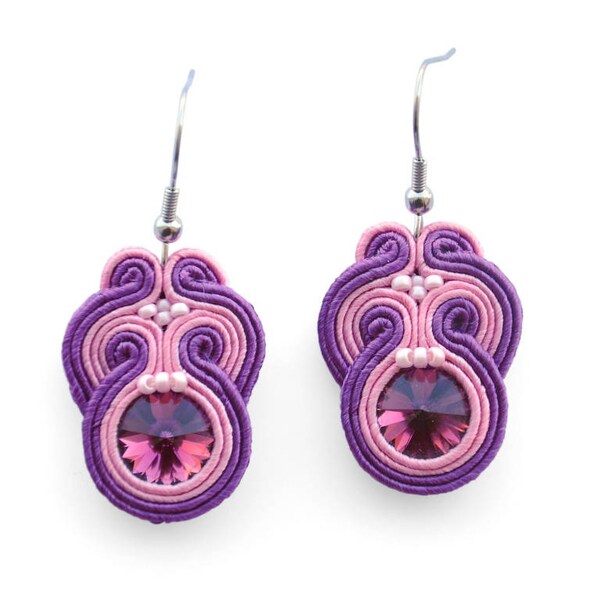 Purple pink earrings violet dangle earrings boho fabric earrings statement earrings elegant earrings soutache earrings unique gift for her