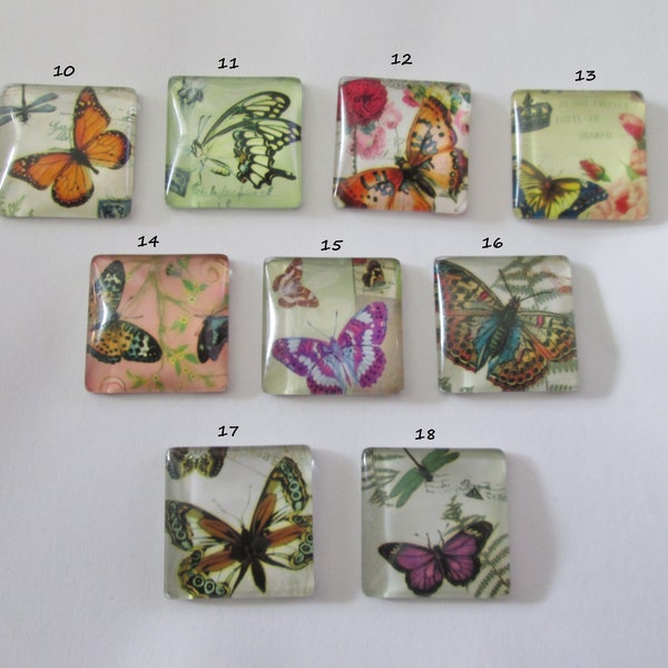 25 mm - cabochon verre carré papillon - 9 modèles