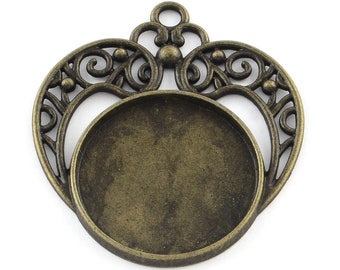 2 pendentifs , support coeur bronze pour cabochon rond de 25 mm