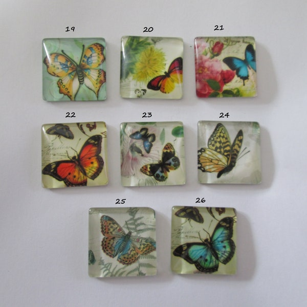 25 mm - cabochon verre carré papillon - 8 modèles