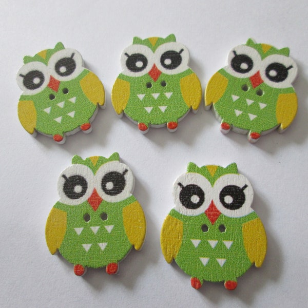 5 boutons hibou chouette en bois coloris vert clair 25 x 20 mm