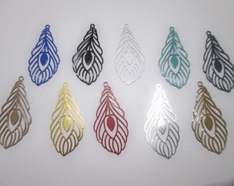 2 watermarked peacock feather prints - 33 x 15 mm - brass - 10 colors to choose from