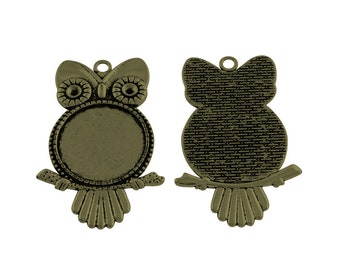 2 pendentifs , support hibou bronze pour cabochon rond de 25 mm