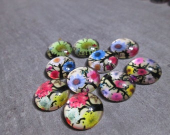 lot de 10 cabochons verre ronds  12 mm motif fleurs Mod 7