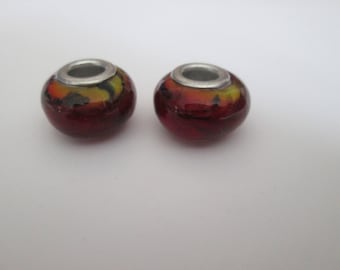 2 red and black European beads in Murano-style 14 mm glass
