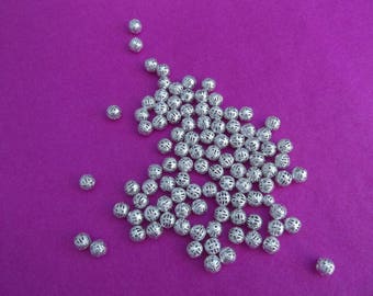 perles métal filigranes, perles argenté brillant,   4 mm , x 100