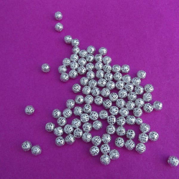 perles métal filigranes, perles argenté brillant,   4 mm , x 100
