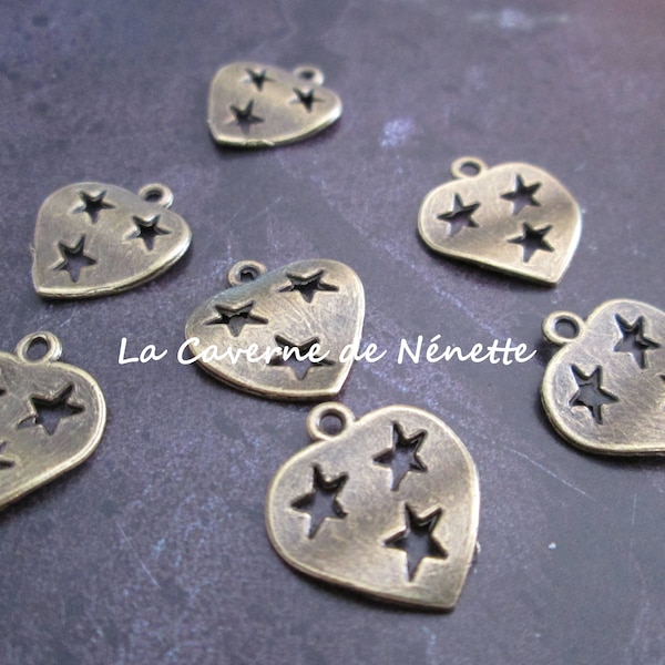 10 Breloques Coeur et ses étoiles 16 x 15 mm métal Couleur bronze