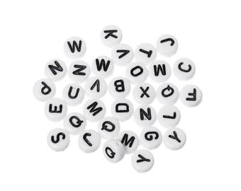 100 round white and black acrylic alphabet letter beads 7 x 3 mm