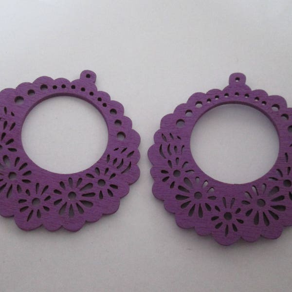 2 estampes bois fleurs  , perles bois  violet 56 mm