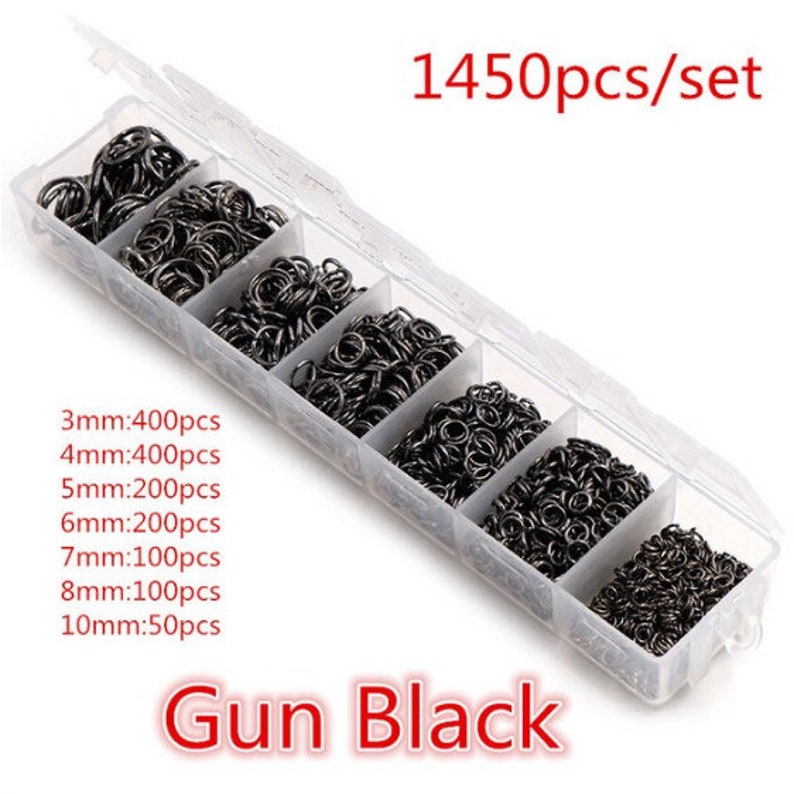 box of 1450 junction rings 3 to 10 mm 8 colors gun metal