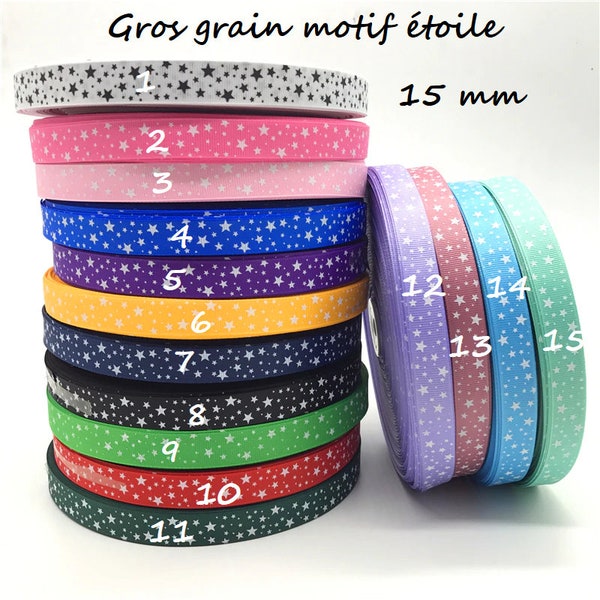 Ruban Gros Grain motif étoiles blanches en 16mm - polyester - 15 coloris