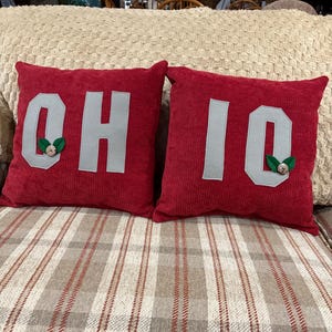 May include: Two square red textured throw pillows featuring large grey felt letters spelling out OH IO. Each pillow includes a small decorative detail consisting of two green fabric leaves and a single round button centered on the letters O.