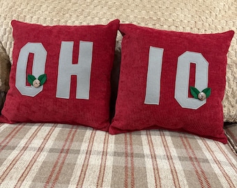 May include: Two square red textured throw pillows featuring large grey felt letters spelling out OH IO. Each pillow includes a small decorative detail consisting of two green fabric leaves and a single round button centered on the letters O.